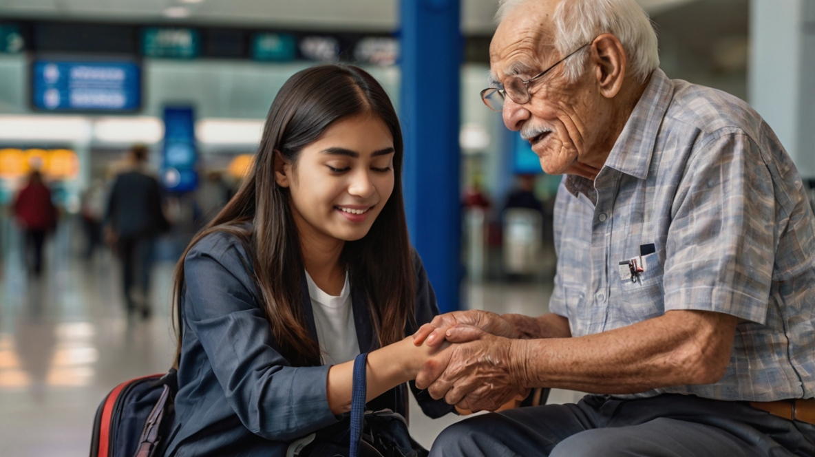 Helper assisting elderly passenger